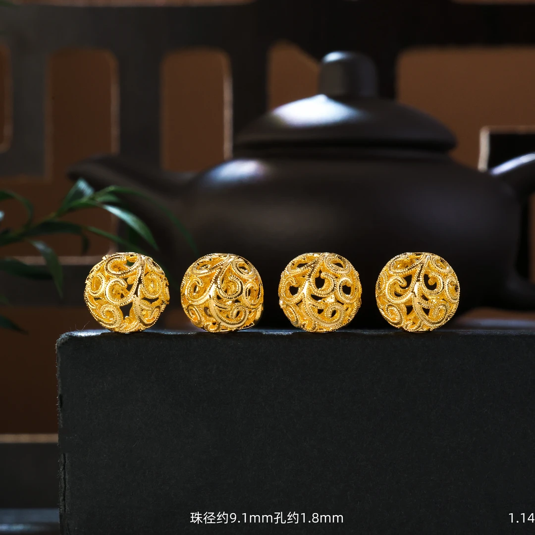 【金豆】18K金9-10mm花丝凤尾珠绣球隔珠圆珠（厚5D金）S