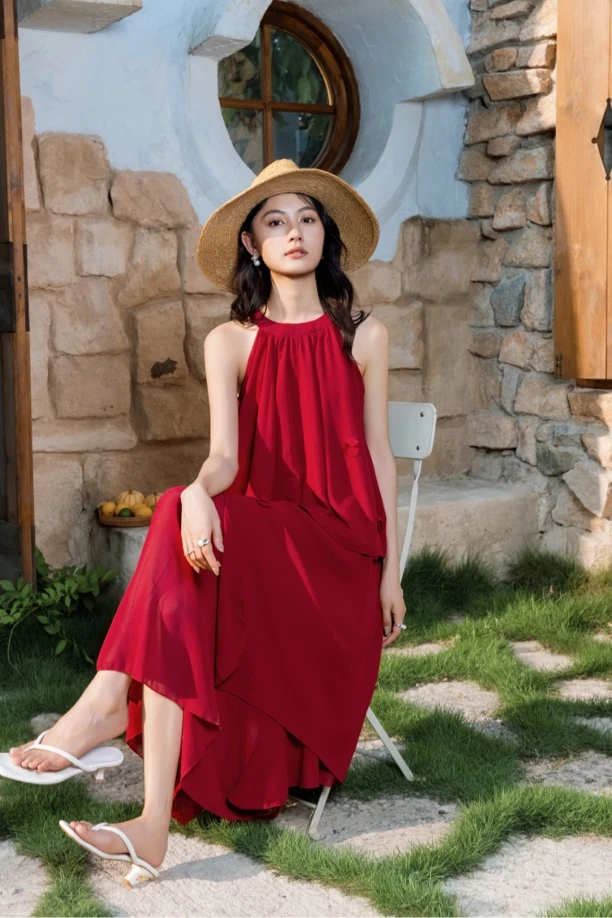 爱客2025夏季独特漂亮裙子设计感宽松慵懒挂脖长裙RL25216L013