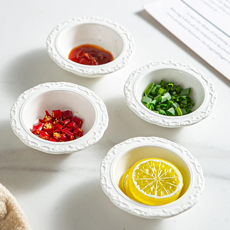 【4只装】新款法式花边浮雕高温釉下彩陶瓷蘸料碟火锅调料碟小吃碟