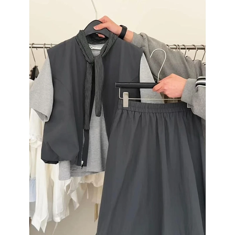 夏季穿搭一整套高级小香风工装马甲休闲短袖花边半身裙韩系三件套