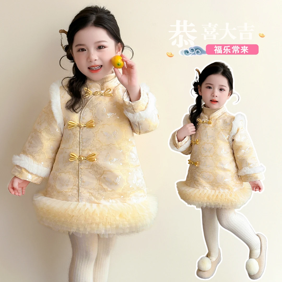 女童秋冬加绒旗袍裙新中式复古中国风儿童宝宝新年服网纱保暖裙子