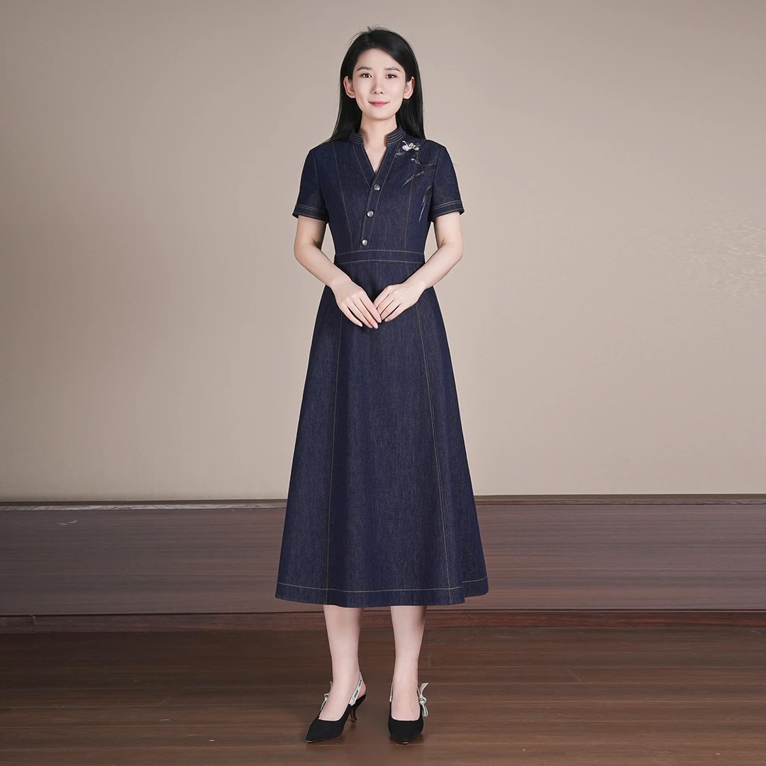 中式夏蓝色宽松显瘦V领短袖中长款女装国风显白连衣裙HBSS050031