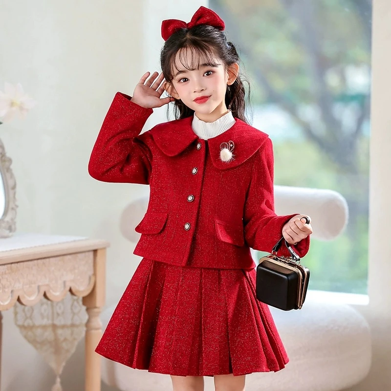 女童红色小香风套装秋冬洋气新品儿童洋气女孩新年拜年服两件套裙