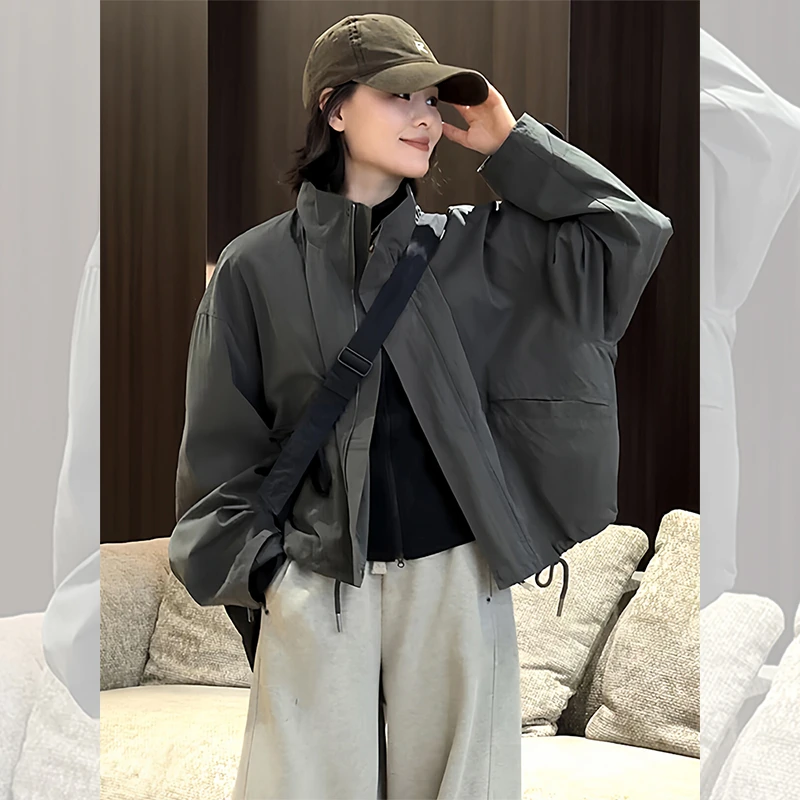 灰色立领冲锋衣短外套女2025秋季新款小个子巨好看高级感夹克上衣