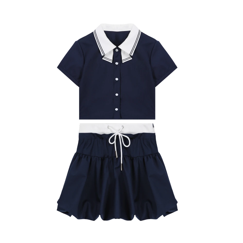 RATZ53026夏季学院风海军领衬衫气质甜美时尚短款上衣短裙套装