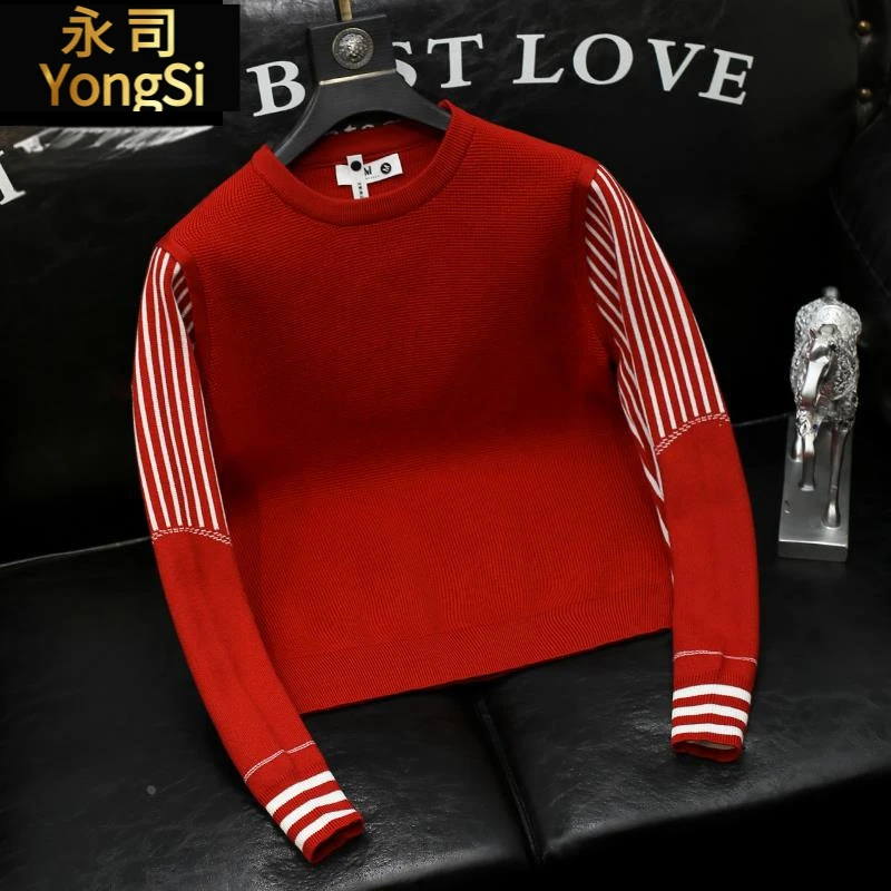 红色条纹撞色圆领针织衫男士青年宽松高级感美式复古毛衣打底衫冬