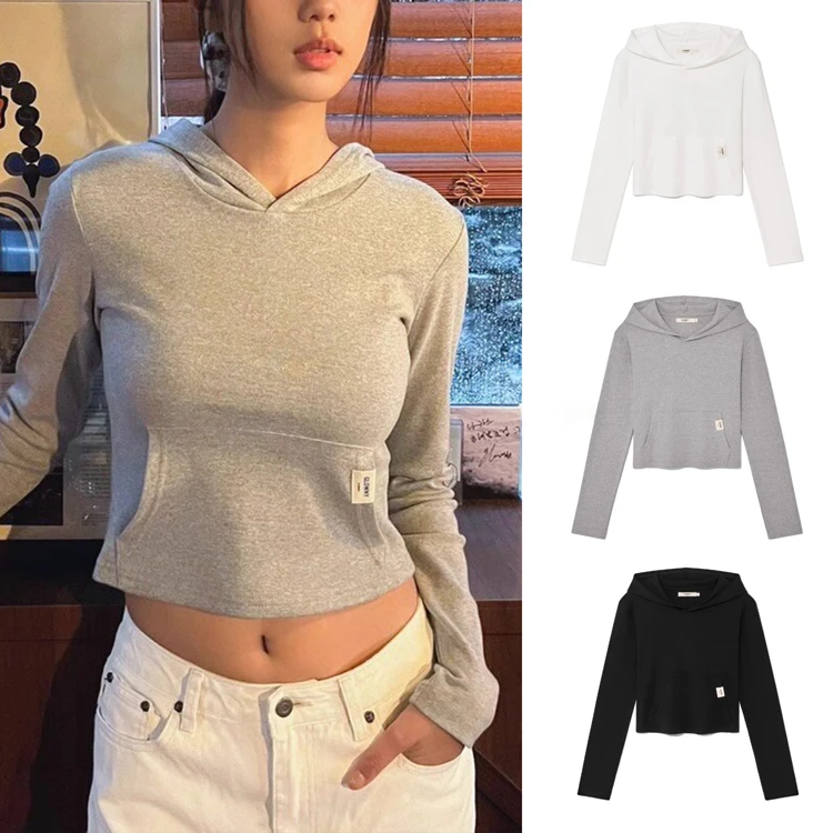 Miss sumeyY3686自制短款长袖连帽t恤简约百搭打底长袖长袖上衣女