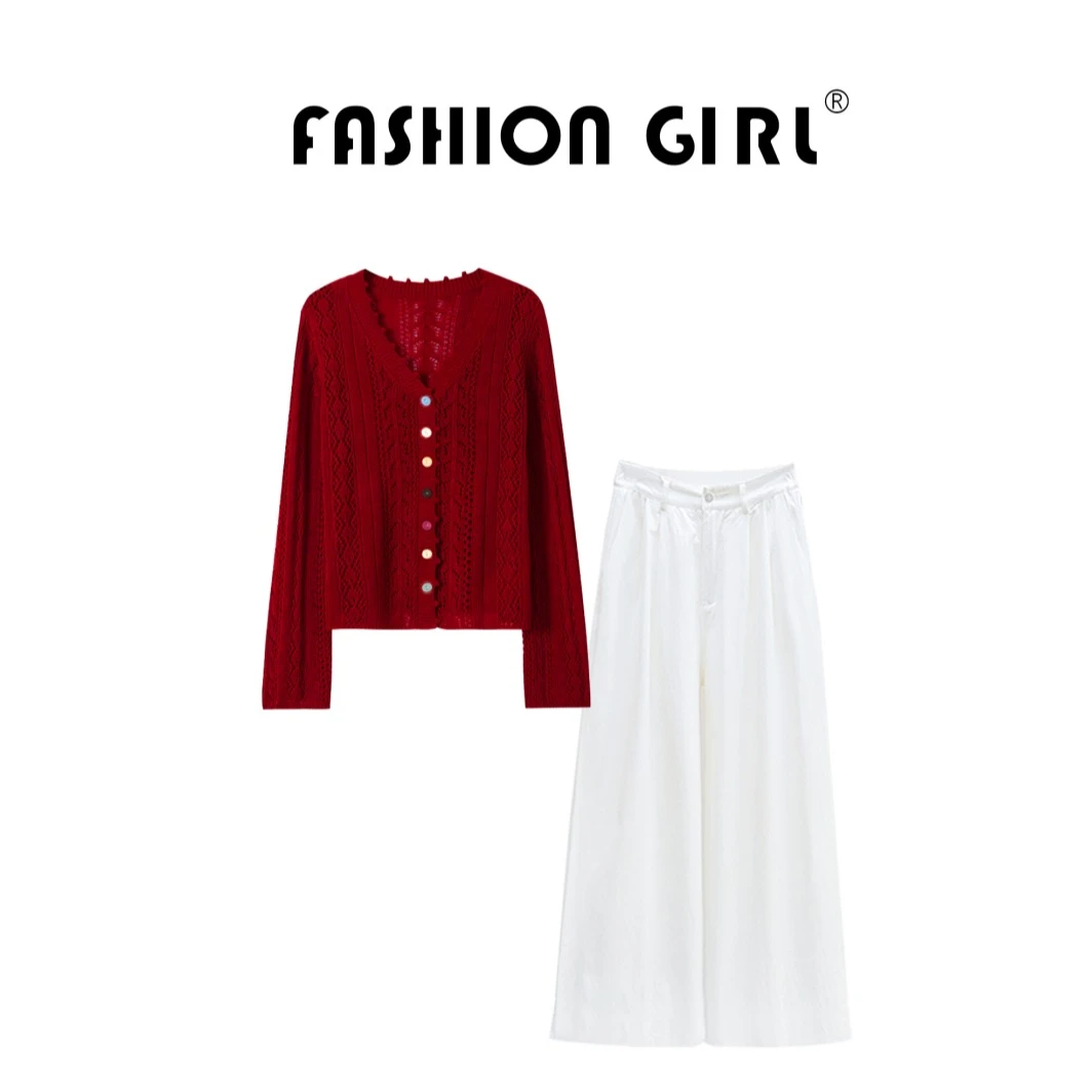 百搭红色v领镂空针织衫两件套新款气质彩色纽扣上衣2025年秋套装
