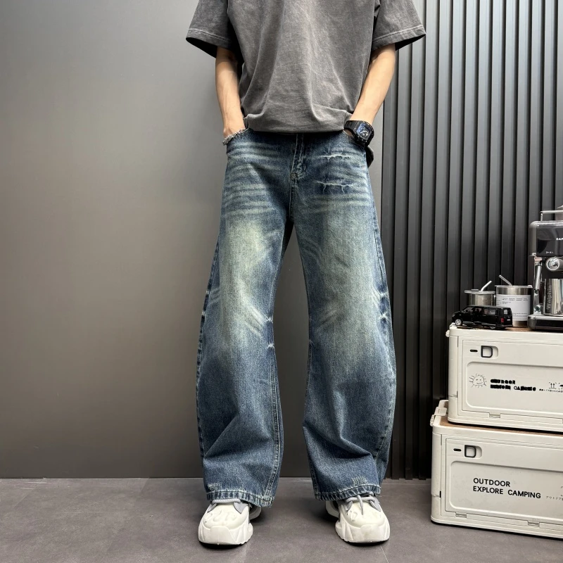 2025新款男士弯刀纯色蓝色做旧牛仔裤宽松男士美式做旧闪电牛仔裤