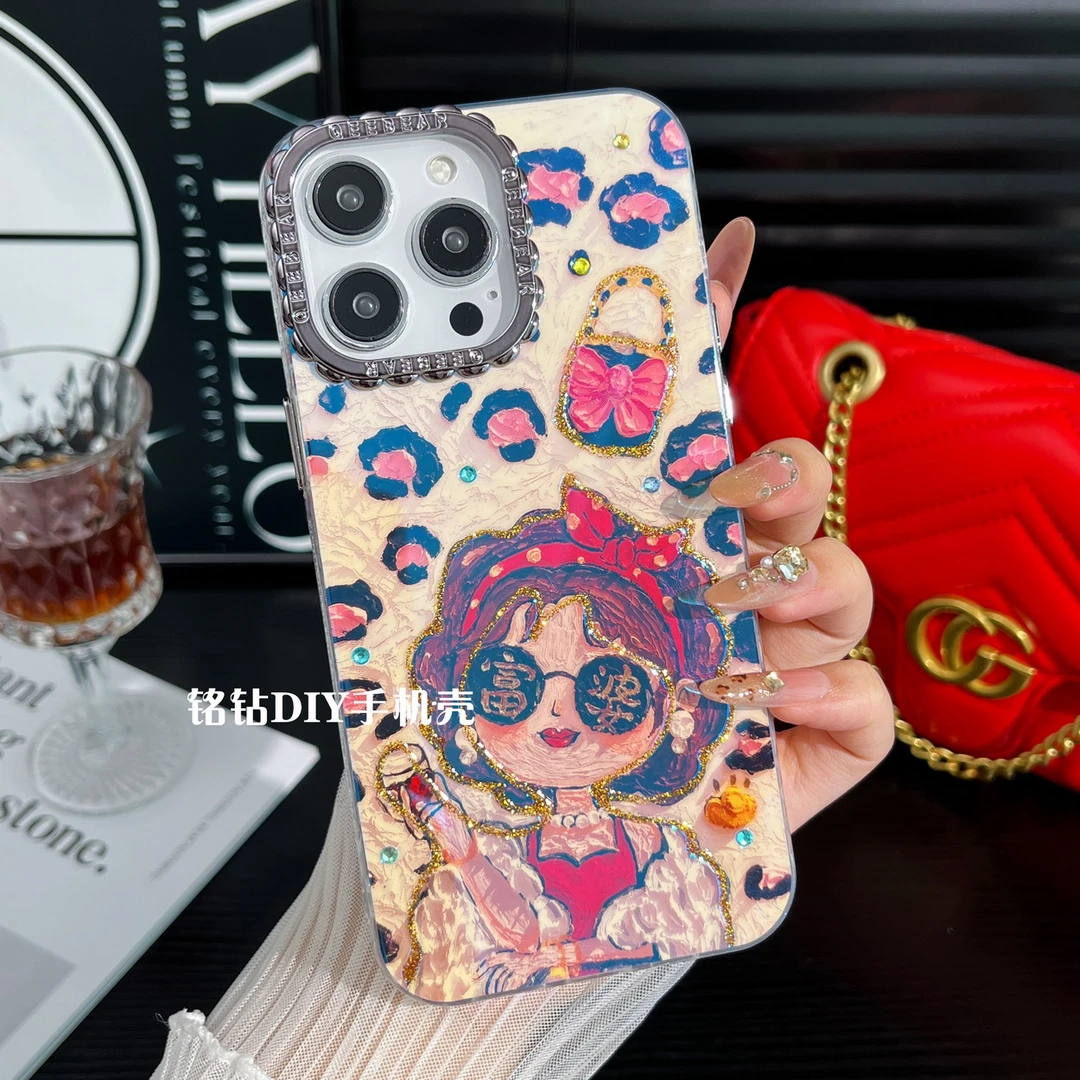 适用苹果16Promax电镀高端油画多彩梦幻卡哇伊女款奢华防摔手机壳