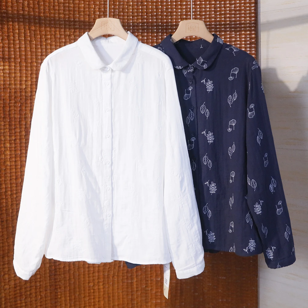 精美刺绣娃娃小翻领双层纱长袖白衬衫百搭休闲纯色棉衬衣 4SP372