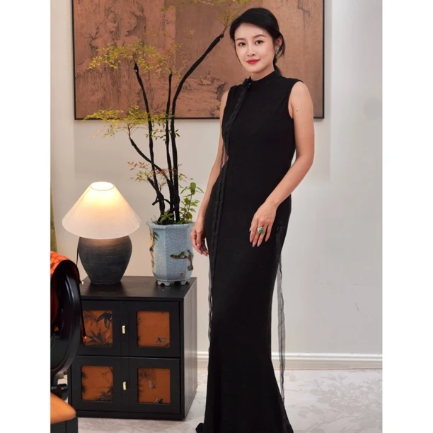 【高级定制】翠裳· 提花醋酸羊毛弹力针织柔软新中式无袖连衣裙