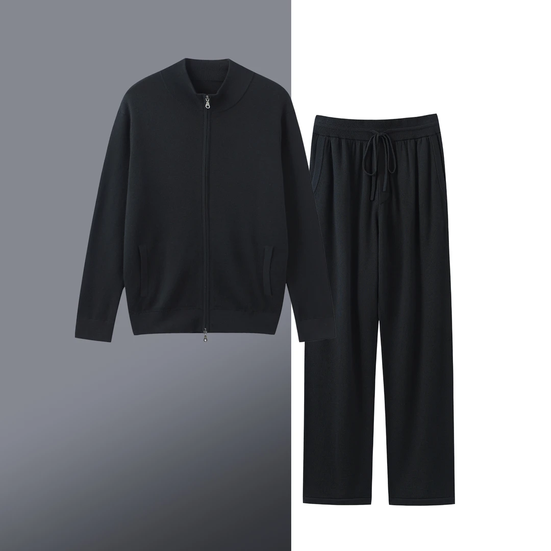 首单特惠】可机洗精纺超细羊毛套装立领简约长袖开衫直筒休闲裤男