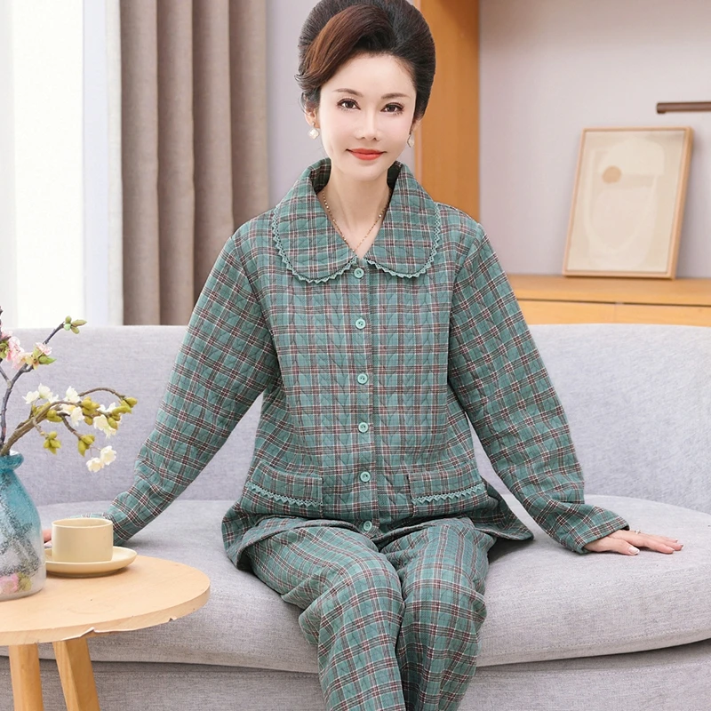 秋冬季新款睡衣女纯棉空气棉夹层保暖中老年妈妈家居服套装可外穿