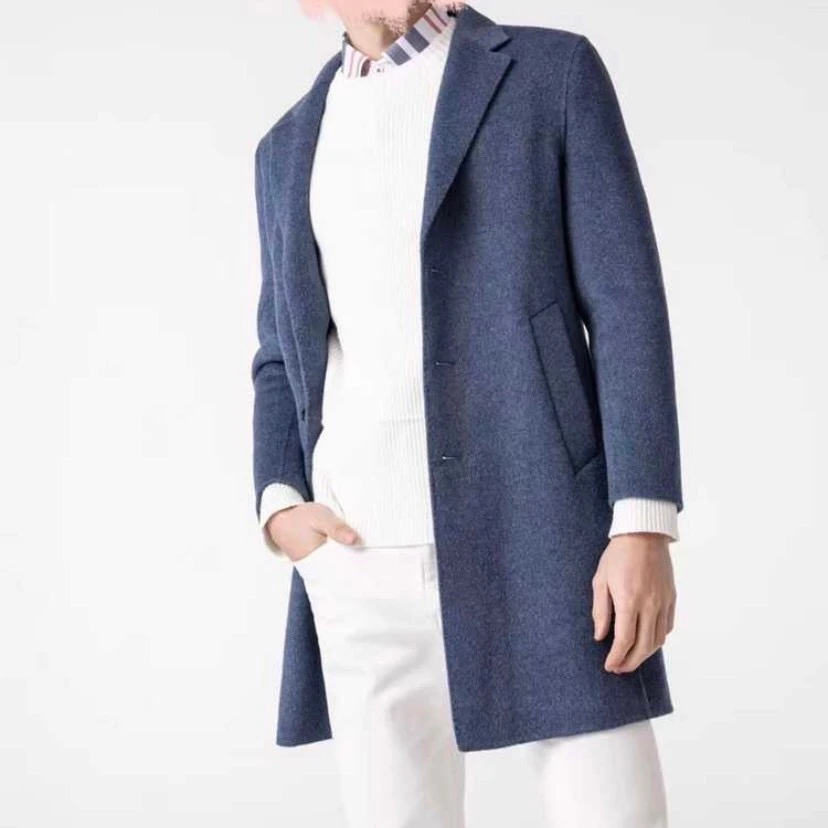 男士商务休闲时尚百搭气质中长款双面尼大衣纯色男装外套/19a875