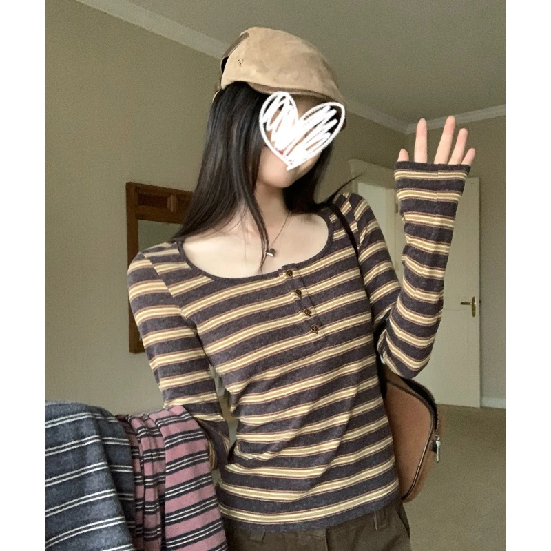 冬季新款韩系穿搭条纹高级设计感长袖打底T恤修身显瘦百搭女上衣