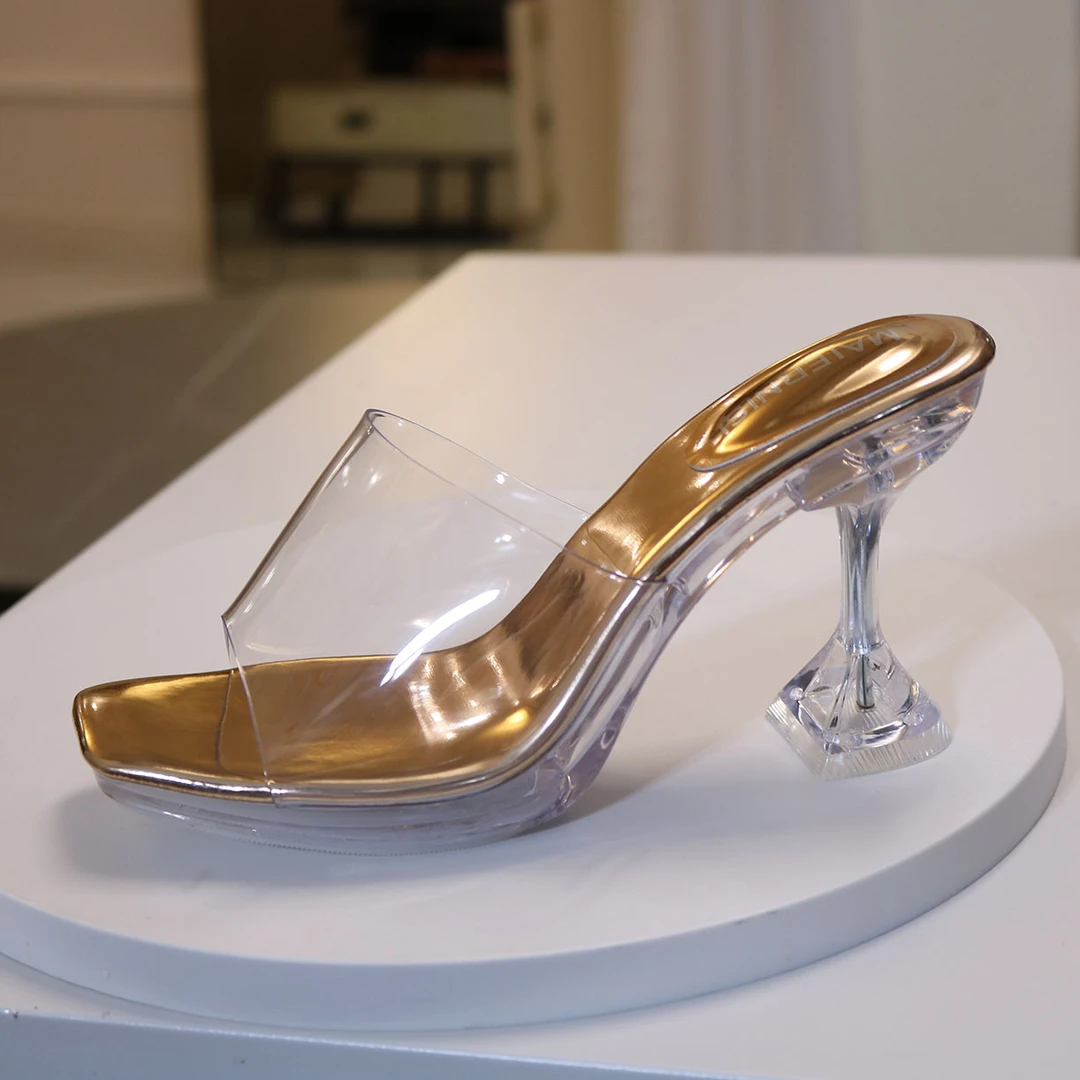 香槟色水晶透明高跟拖鞋酒杯跟厚底气质简约百搭夏季女时尚超大码