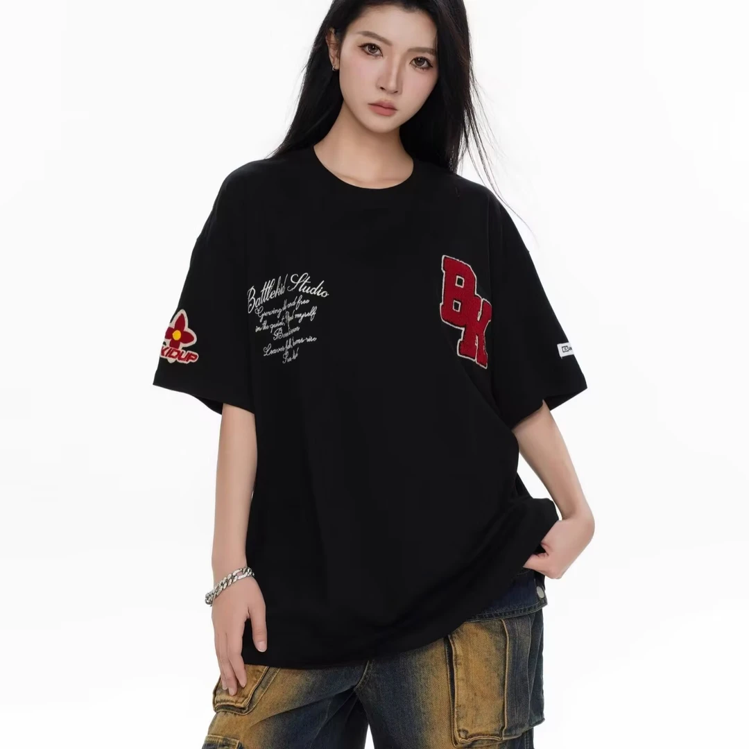 美式街头潮牌字母贴布刺绣短袖T恤男女宽松百搭休闲情侣圆领半袖