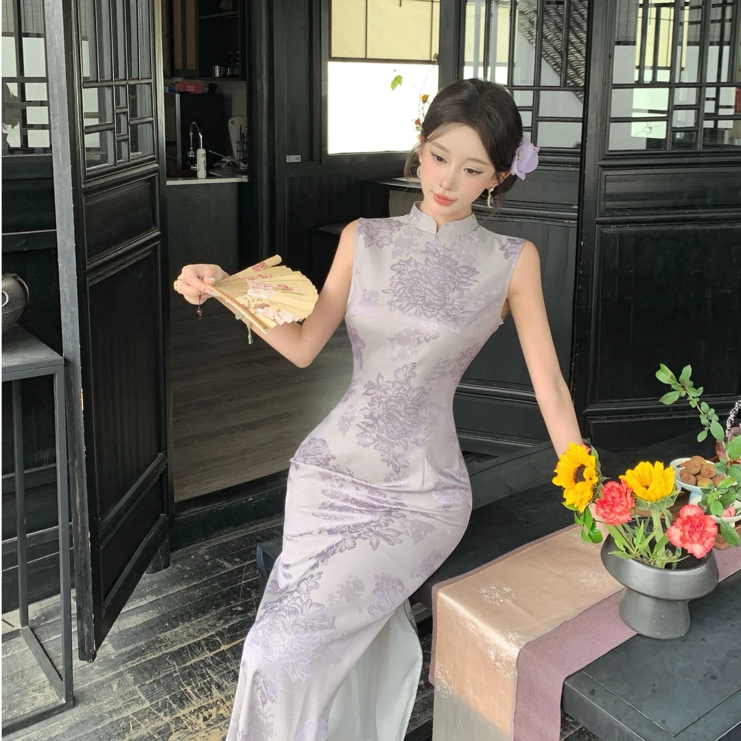 青未了【醉棠】25夏季新款提花缎新中式改良气质无袖旗袍 衣长125
