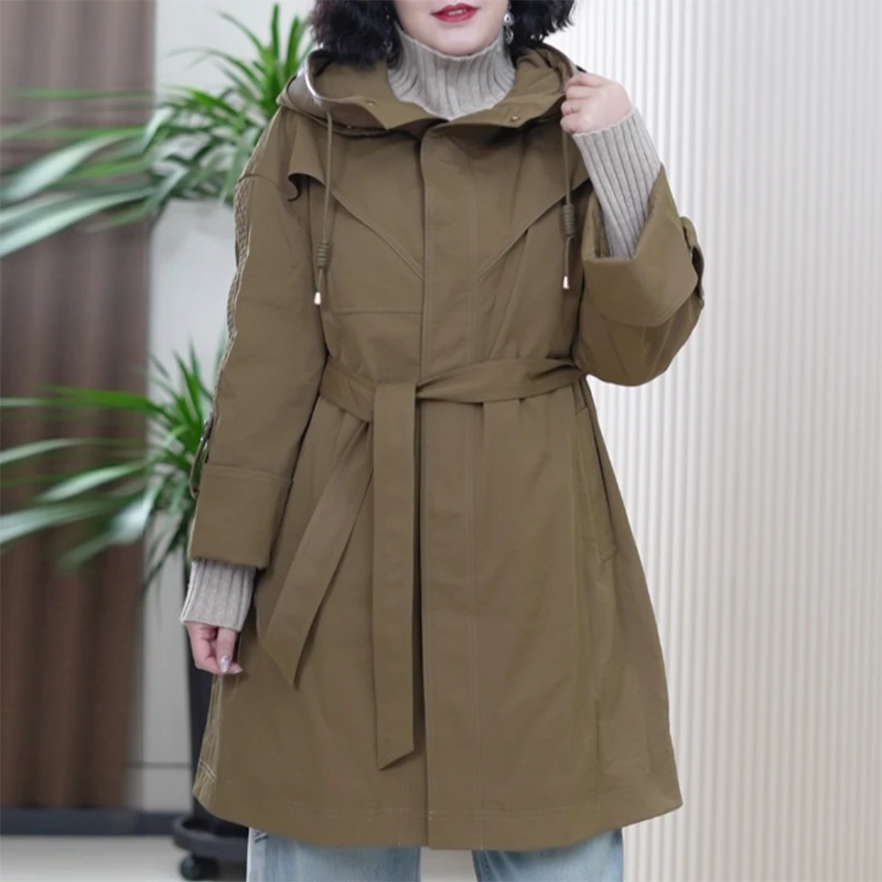 风衣式连帽羽绒服女大码保暖90白鹅绒加厚布衣风格收腰冬季外套