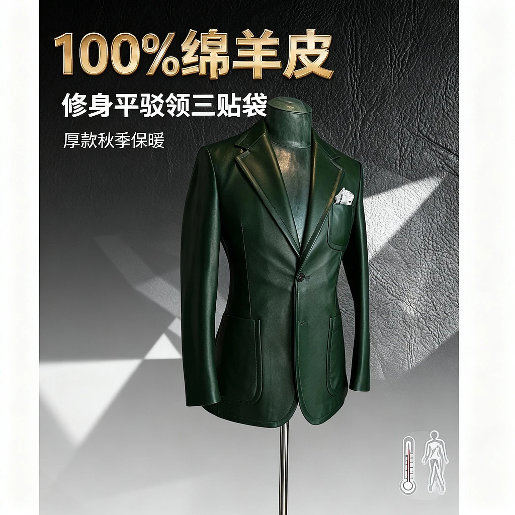 DRUNKCORNER单排三贴袋宽压线皮西服男士真皮秋季