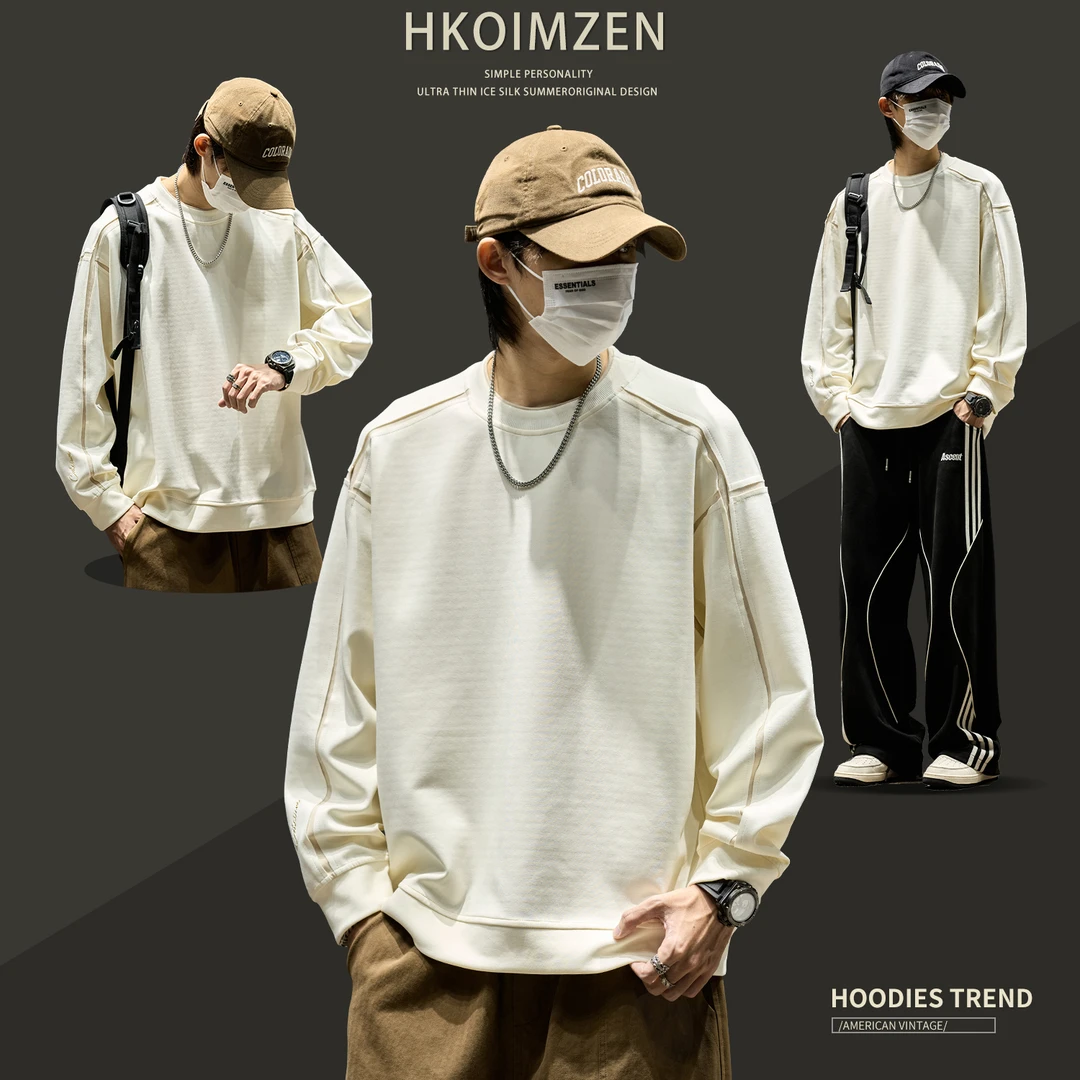 卫衣男简约刺绣明线撞色假两件圆领长袖秋季宽松美式情侣运动上衣