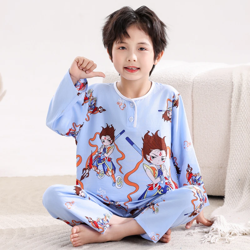夏季大童男孩绵绸空调服长袖套装儿童棉绸睡衣男童薄款家居服