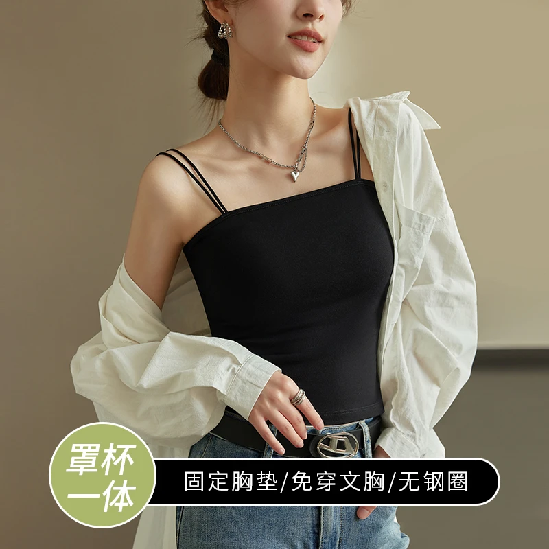 一字肩小吊带背心女带胸垫内搭外穿露肩美背文胸一体内衣打底上衣