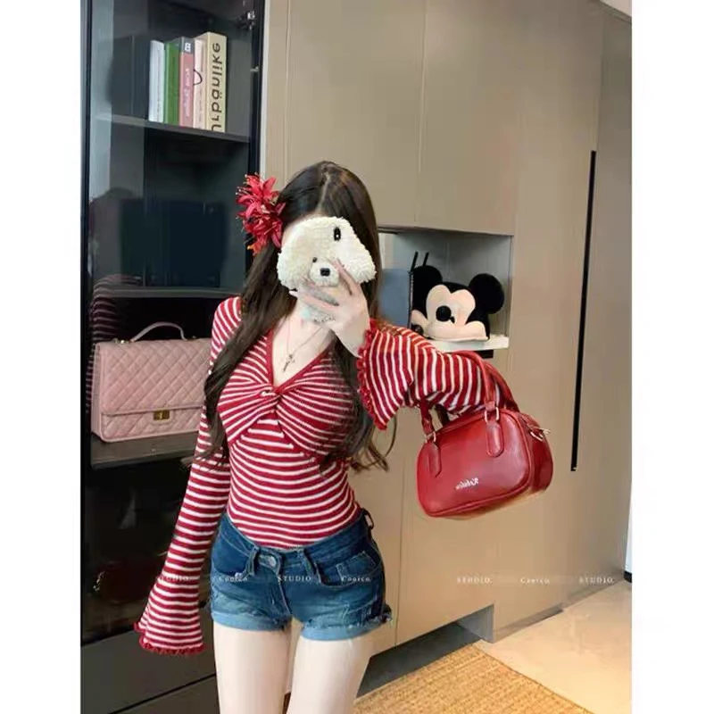 橙路【交叉条纹设计条纹打底衫】