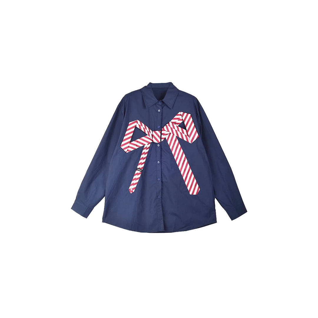 大码女装衬衫衬衣长袖蓝色休闲印花梭织上衣（A2003）