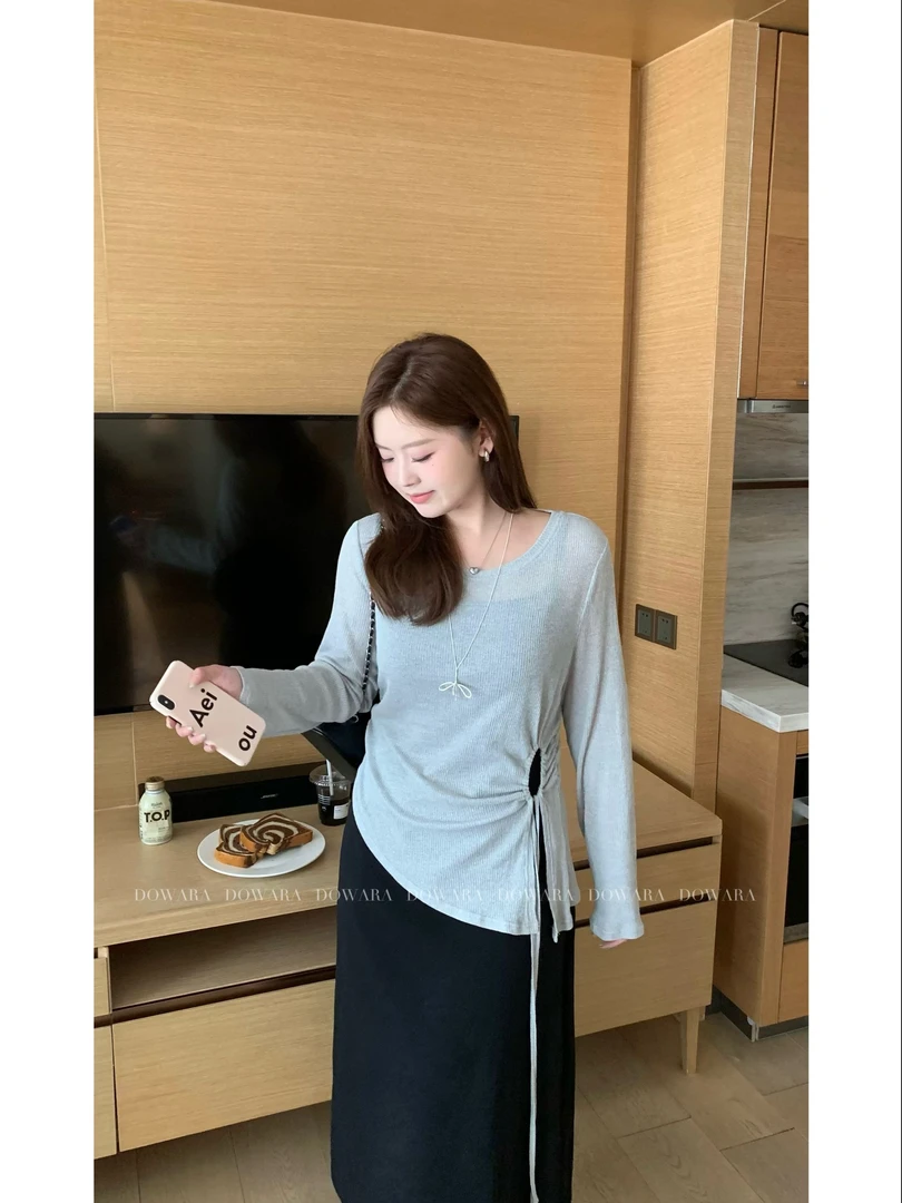 现货7943D大婉酱肉肉微胖定制【心动狙击】侧边抽绳设计感长袖上衣