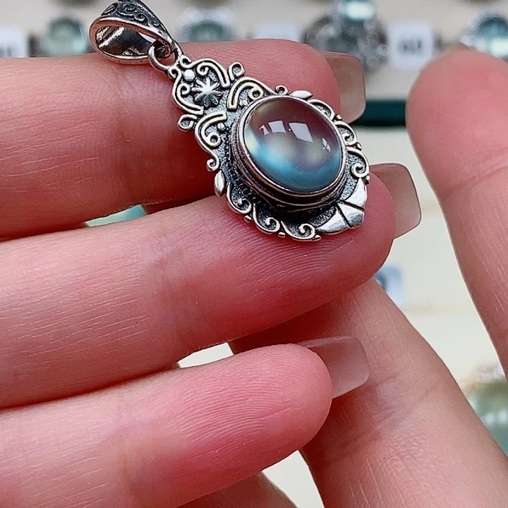 蛇纹石玉银S925镶嵌吊坠