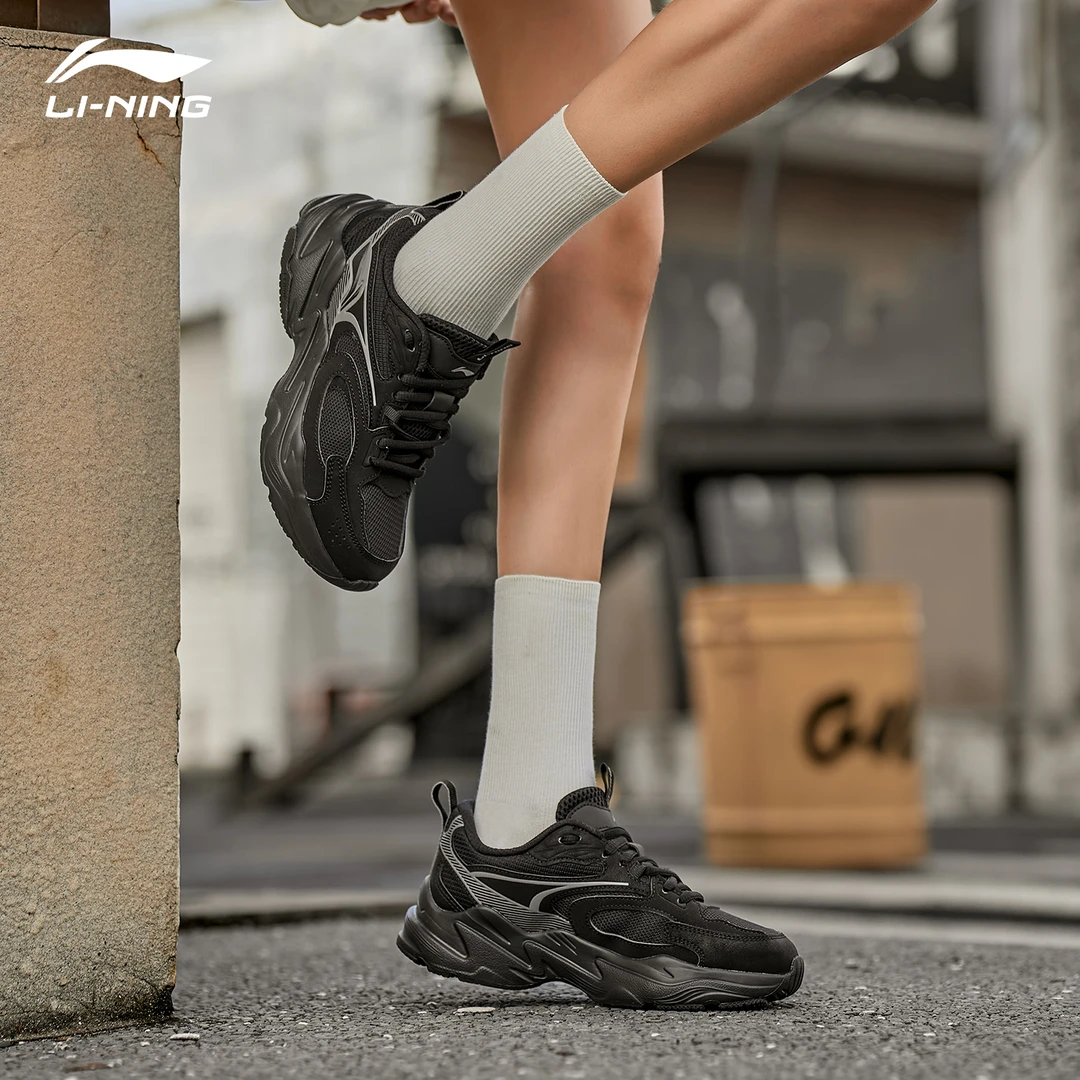 李宁跑步鞋女鞋老爹鞋夏季轻便透气网面厚底增高百搭黑色运动鞋子