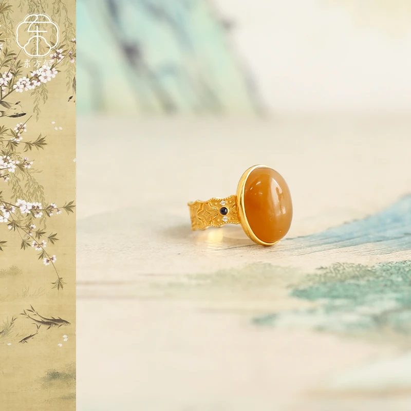 东方俪DOFUNLY【秋叶声】和田玉蛋面美拉德18K金戒指国风TYJZ雅韵