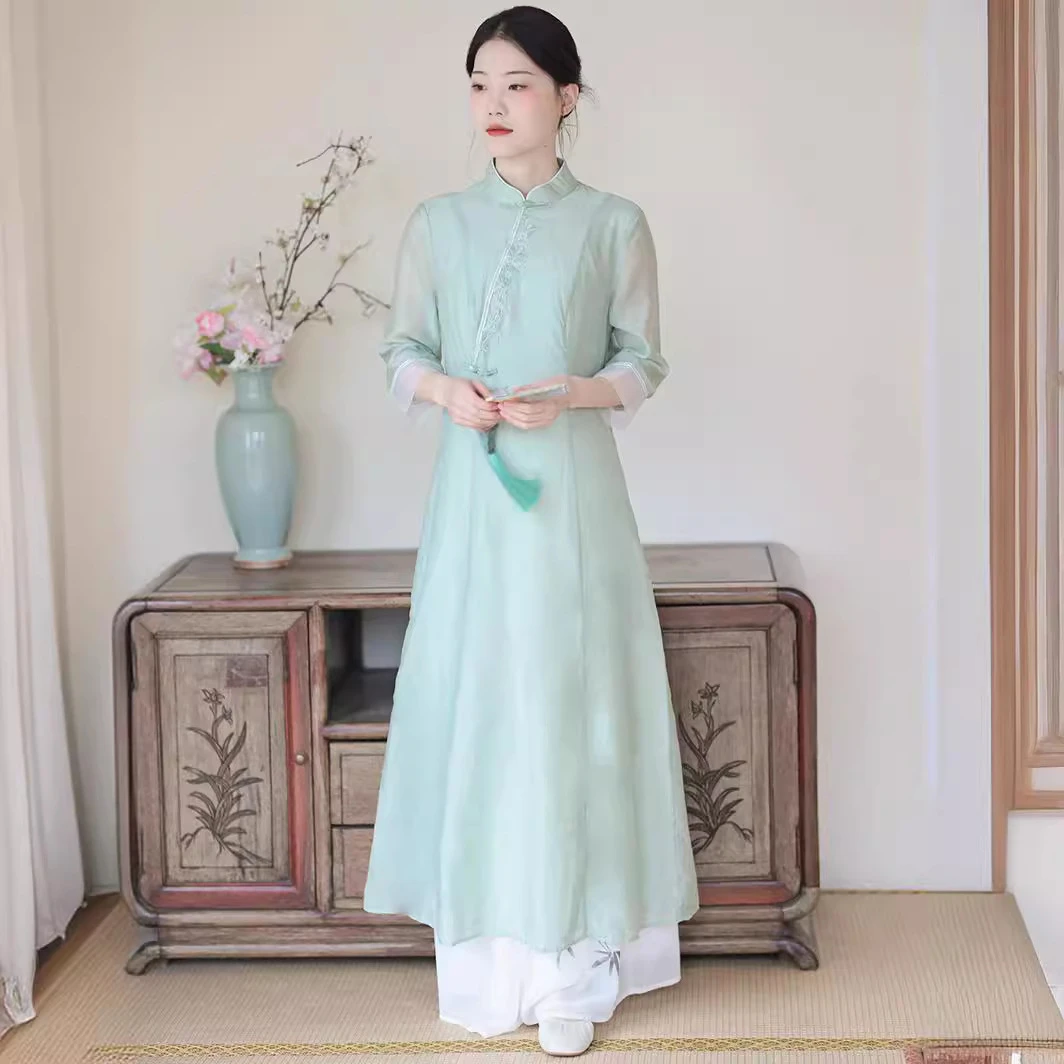 奥特莱斯清仓2024春夏季新款复古中式国风改良茶艺师禅意茶服绣花