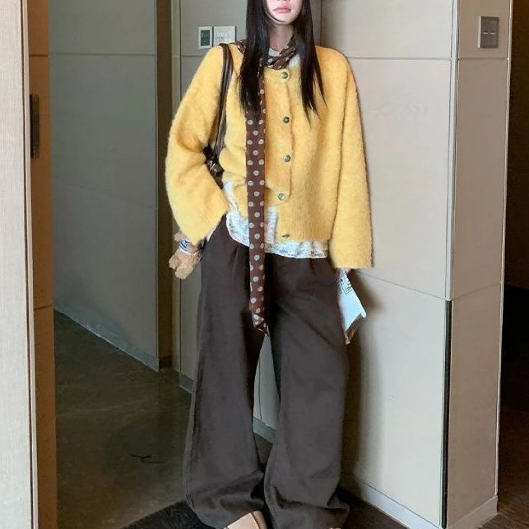 【王炸】黄色羔毛短款外套法式蕾丝内搭美拉德色裤子三件套大码女