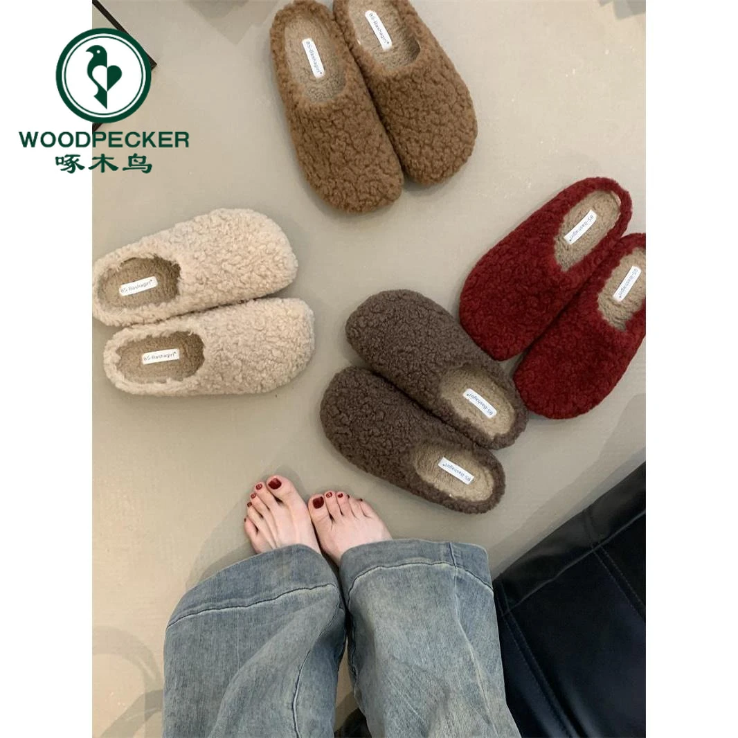 啄木鸟2025冬厚底勃肯包头半拖毛毛鞋女外穿加绒保暖一脚蹬棉鞋女