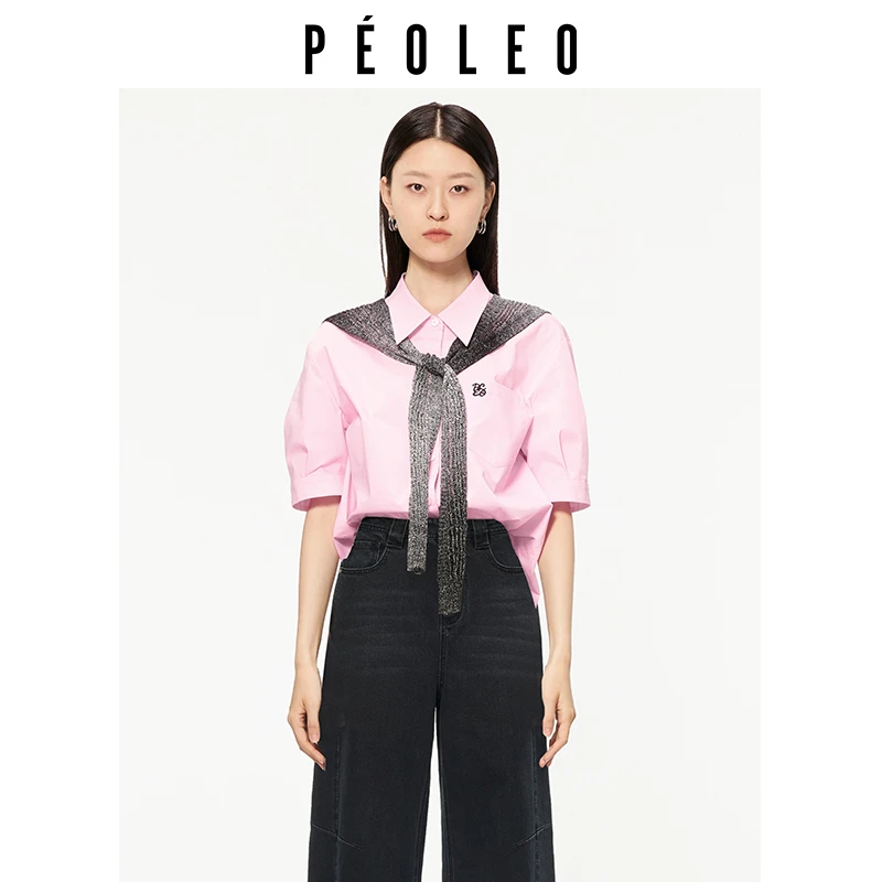 PK3311011飘蕾纯色短袖衬衫白色黑色牛仔衬衣