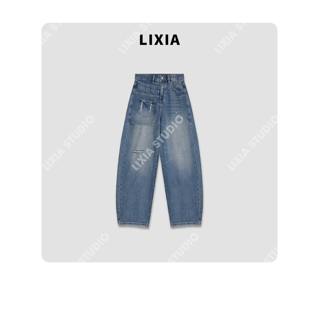 LIXIA【艺术家】INS风街头设计感微破洞纯棉水洗重工牛仔裤-D8351