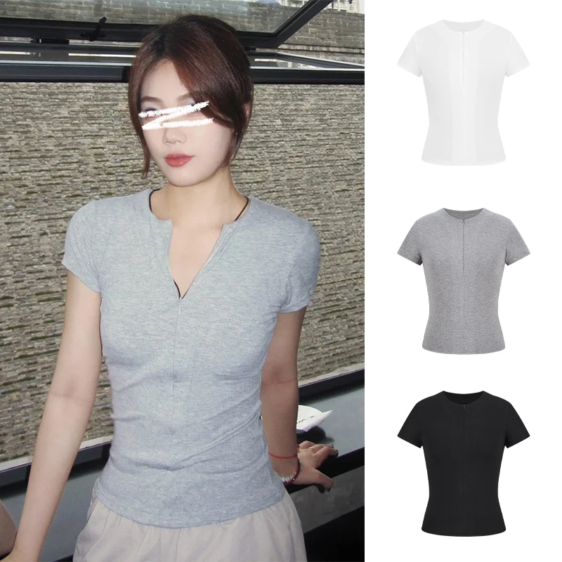 Moses Queen/魔西女王美式复古半开领拉链短袖T恤瑜伽正肩上衣服