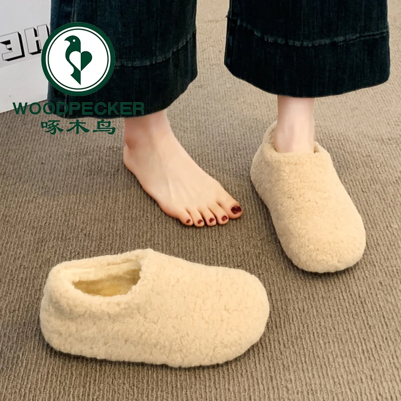 啄木鸟厚底毛毛鞋女外穿雪地靴2025冬季加绒豆豆鞋一脚蹬保暖棉鞋
