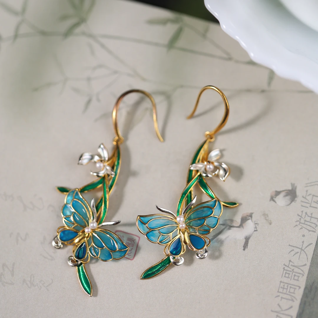 925银银制品 原创国风新中式定制珠宝s925银珐琅蝴蝶耳饰