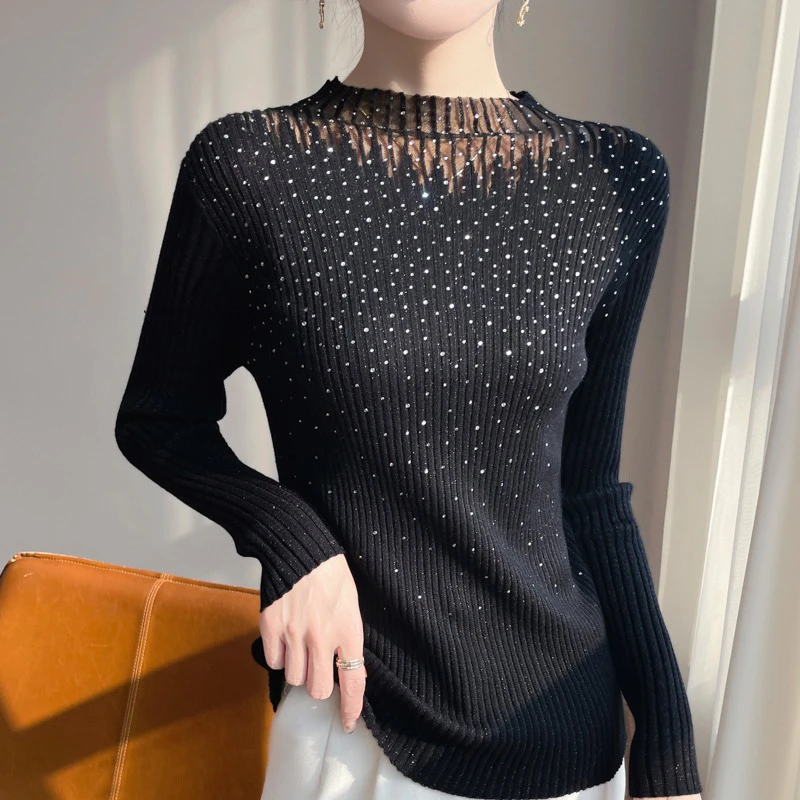 重工烫钻精纺蚕丝半高领羊毛衫女蕾丝网纱高级感内搭ksm317