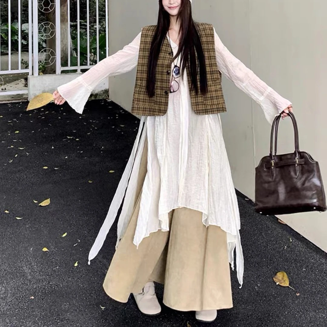 韩剧氛围感穿搭三件套女格子马甲不规则长款衬衫阔腿裤叠穿一整套