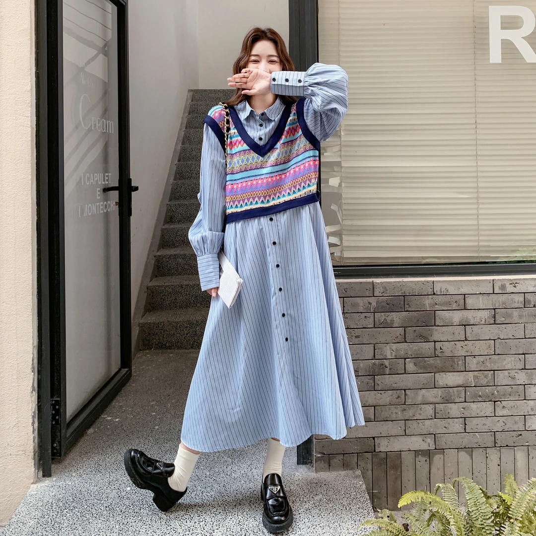 蓝色显瘦气质套装女早秋2025超火独特漂亮秋冬马甲衬衫裙两件套