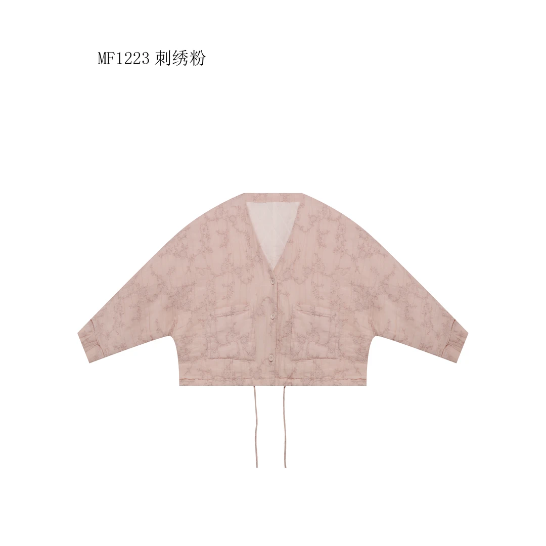 【麻訪家】MF1223刺绣粉文艺简约口袋百搭保暖棉服外套