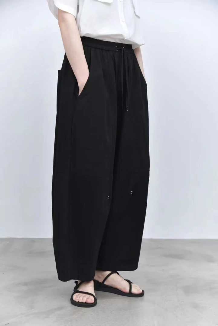 夏季新款森系时尚百搭水洗棉松紧腰阔腿裤