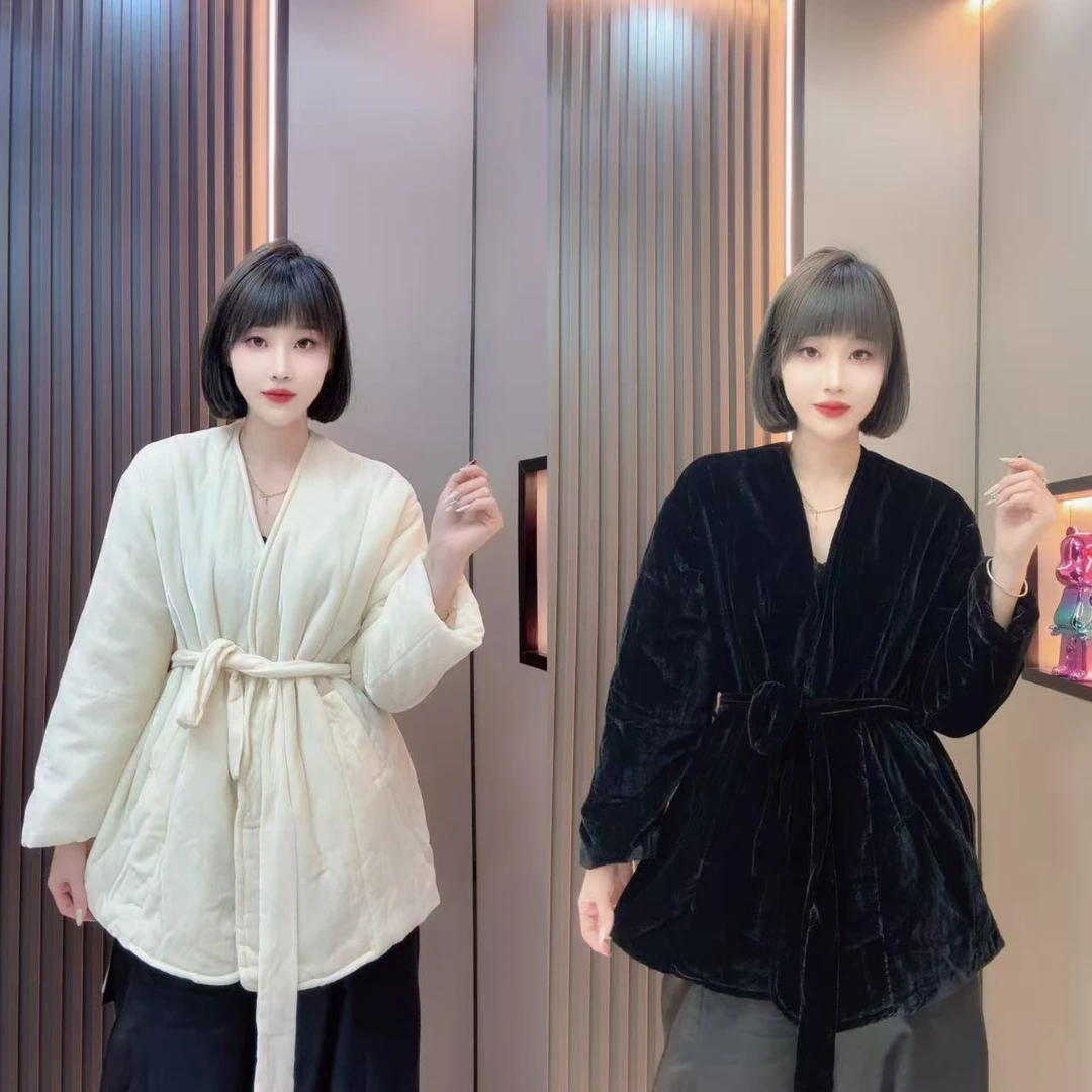 敏宝＋真丝丝绒V领和服长袖宽松棉服显瘦冬季网红