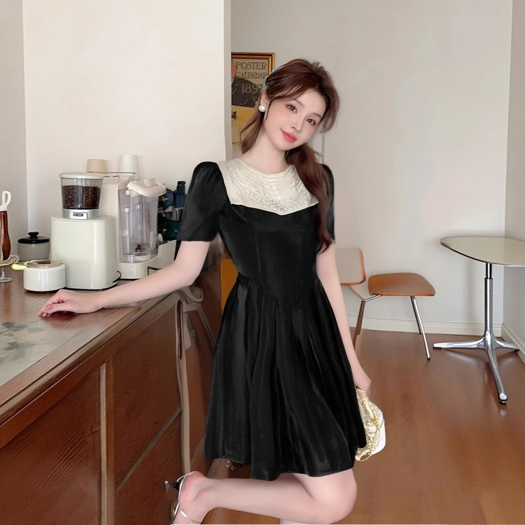 A时尚气质连衣裙女夏季新款赫本风黑色高级感收腰显瘦大摆裙D1285