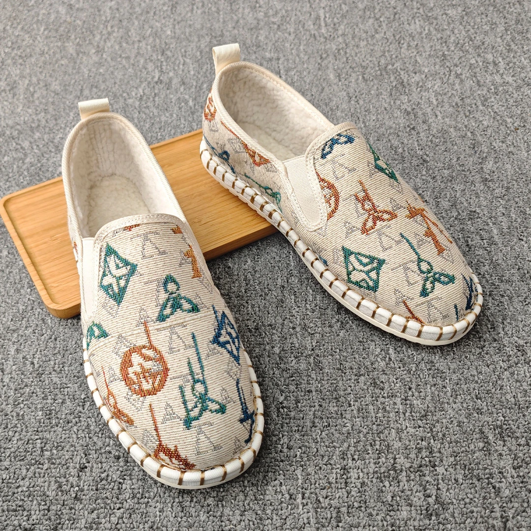 冬季加绒棉鞋手工老北京布鞋男复古风懒人休闲一脚蹬保暖软底布鞋